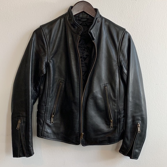 Heavy Cowhide Black Leather 4-pkt Moto Jacket with Brass Hardware - Picture 4 of 15